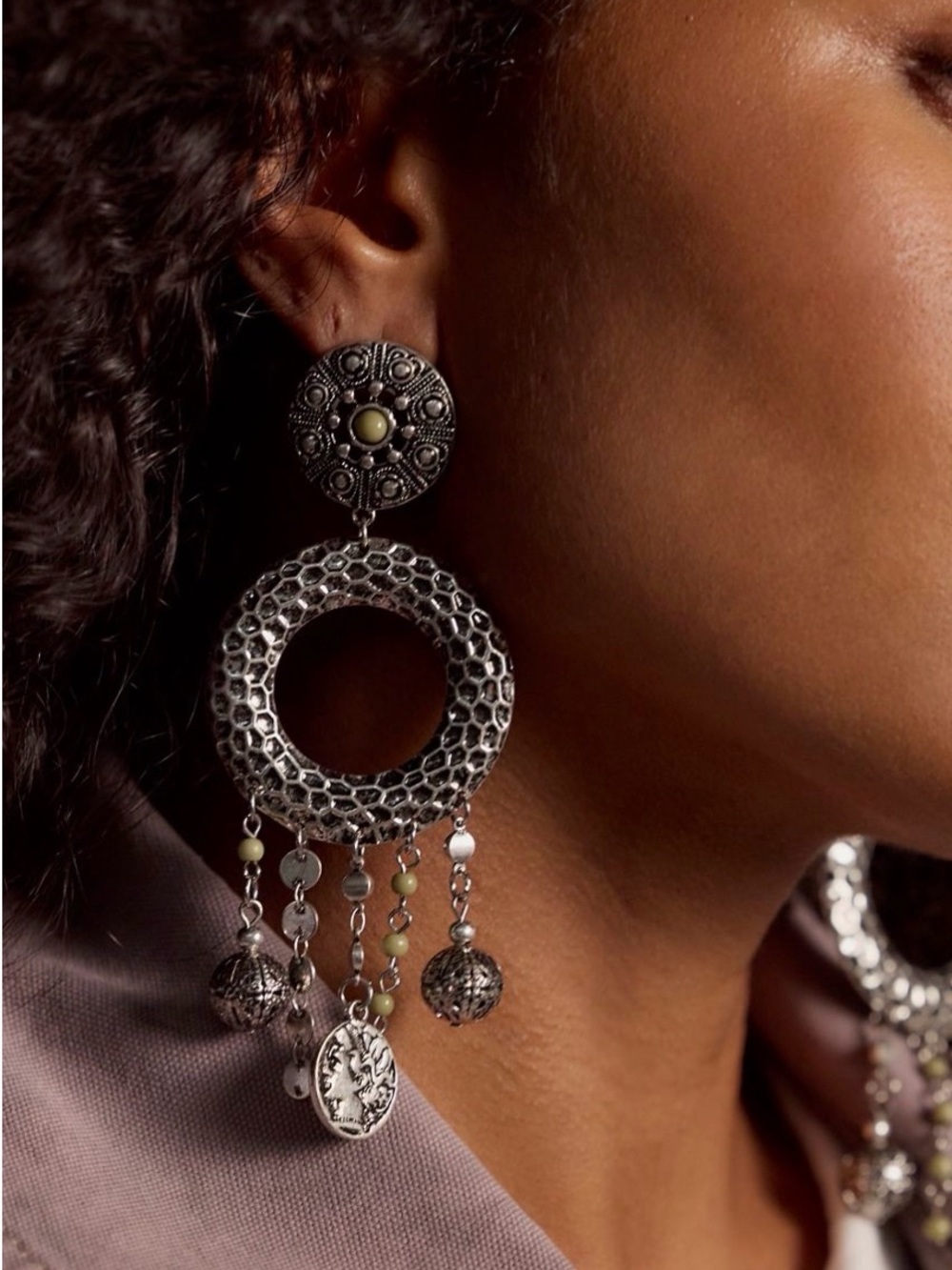 Free People Antique Plated Silver & Sage Beaded Dangle Statement Earrings - Picture 3 of 5